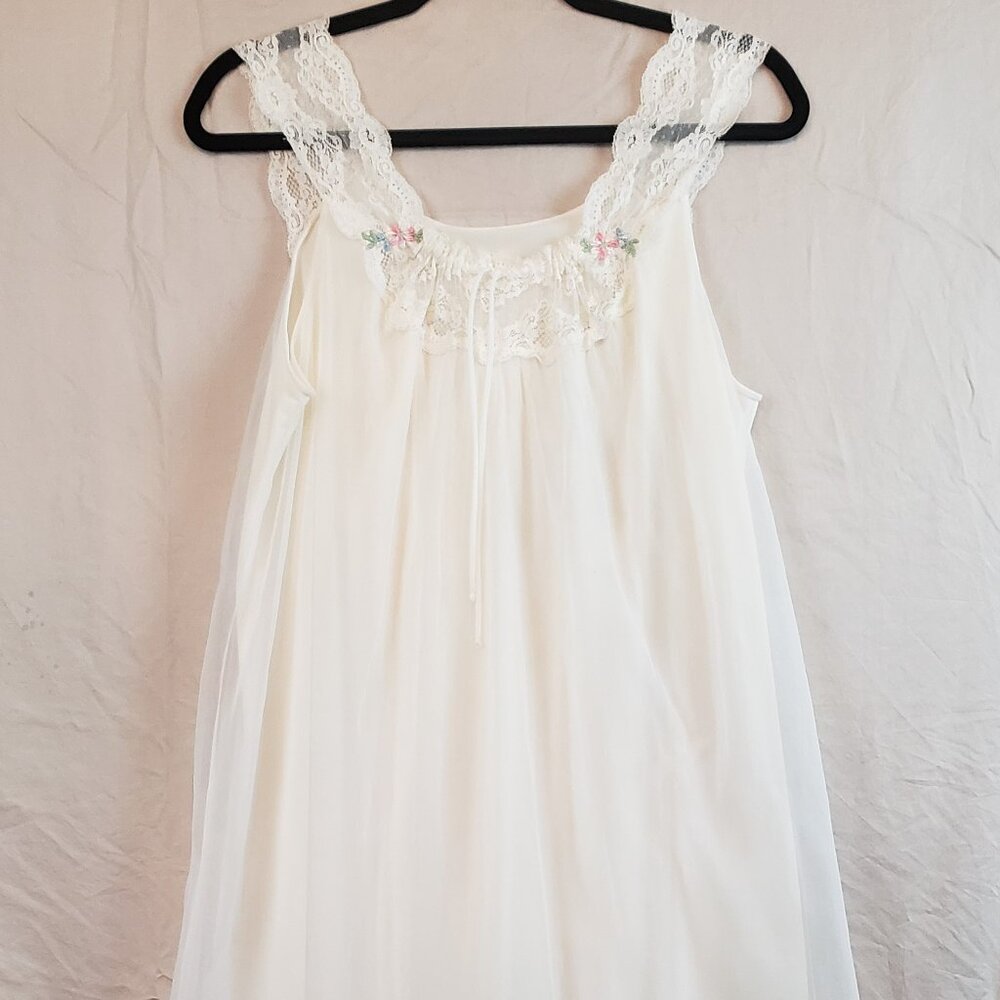 Vintage Shadowline Bridal Chiffon Nightgown Ivory Lace Floral Embroridery Sz M